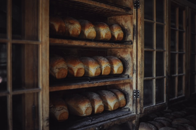 White breads on display in artisan bread shop